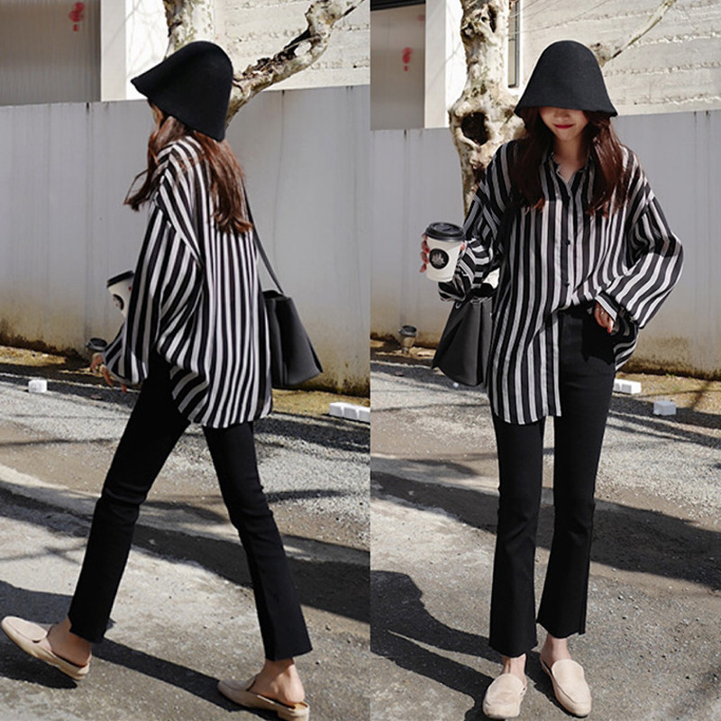 Big size fat mm spring all-match striped shirt suit 2021 new fat sister cover belly and look thin two-piece trendy