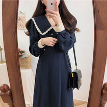 Early spring big code French style retro past kneecap dress woman closets waist display slim and fat younger sister lace splicing temperament to hit bottom skirt