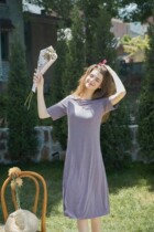 Summer new womens cashmere protein nightdress solid color comfortable breathable loose large size home service without chest pad Japan