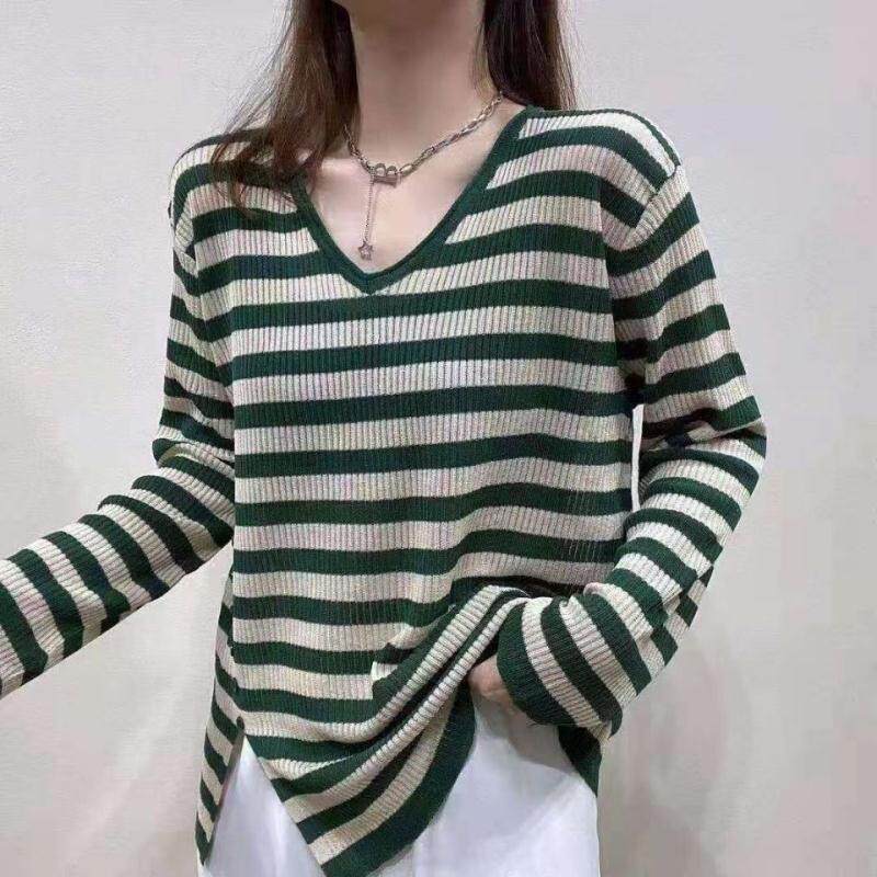 Striped V-neck loose lazy sweater women's 2021 autumn new Korean version of Joker split button solid color sweater