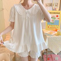 Sleepwear Womens Summer Ins Wind Teenage Girl Cute Short Sleeve Cotton Suit Loose Butterfly Knot Pure Color Round Collar Home Clothing