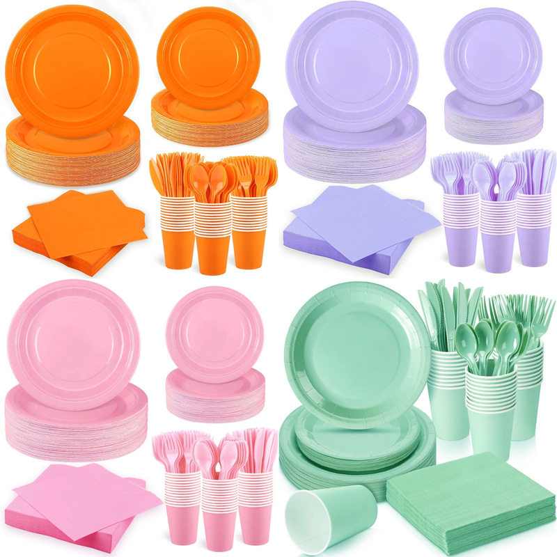 Solid Color Paper Plate Party Supplies Set Purple Green Colorful Round Plates Tableware Holiday Party Picnic Cake Plates