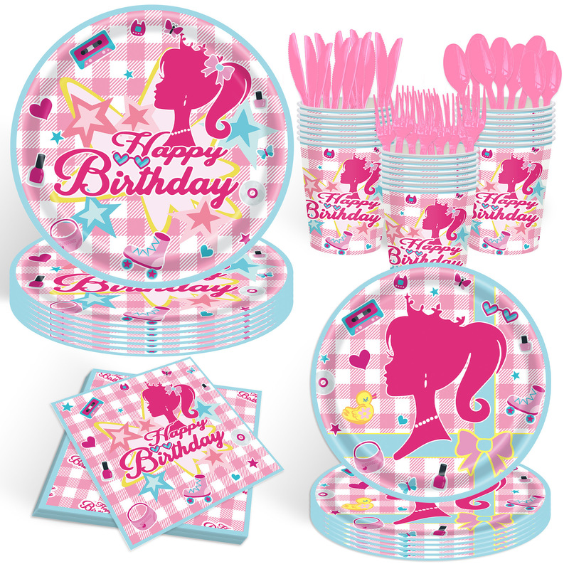 New Rose Red Barbie Princess Girls Party Tableware Set Disposable Paper Plates Paper Towels Paper Cups Party Set
