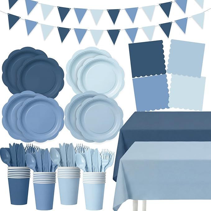 Gradient Blue Men's Disposable Birthday Party Tableware Set: Plates, Cups, Napkins, Cutlery, Tablecloth, Flags