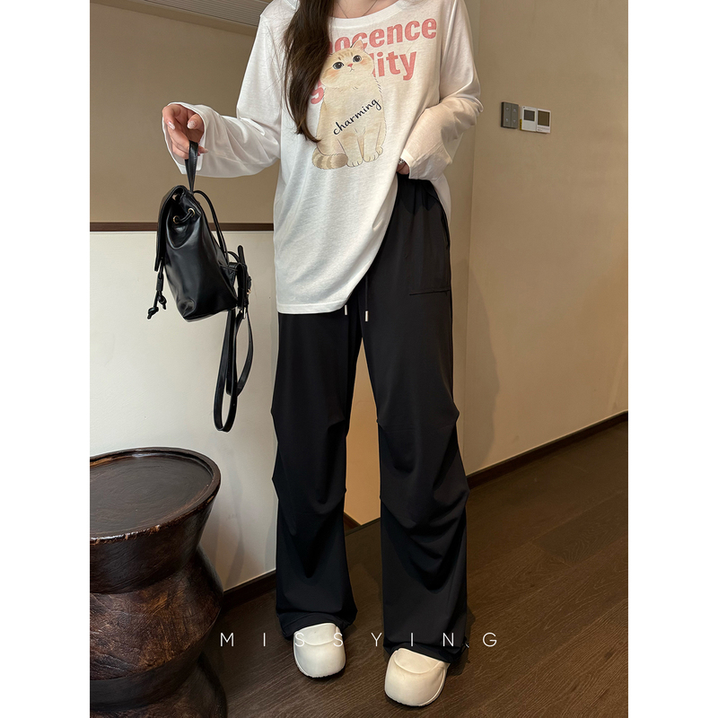 Miss Ying's Plus-Size Women's Clothing [Ice Skin Pants] American-Style Workwear Casual Pants, New Summer Black Drapey Wide-Leg Trousers