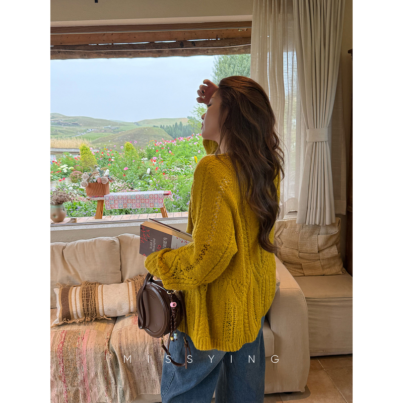 Miss Ying's Plus-Size Women's Clothing [Dusk at Night] Yellow V-Neck Hollow-Out Knit Jacket New Mohair Cardigan