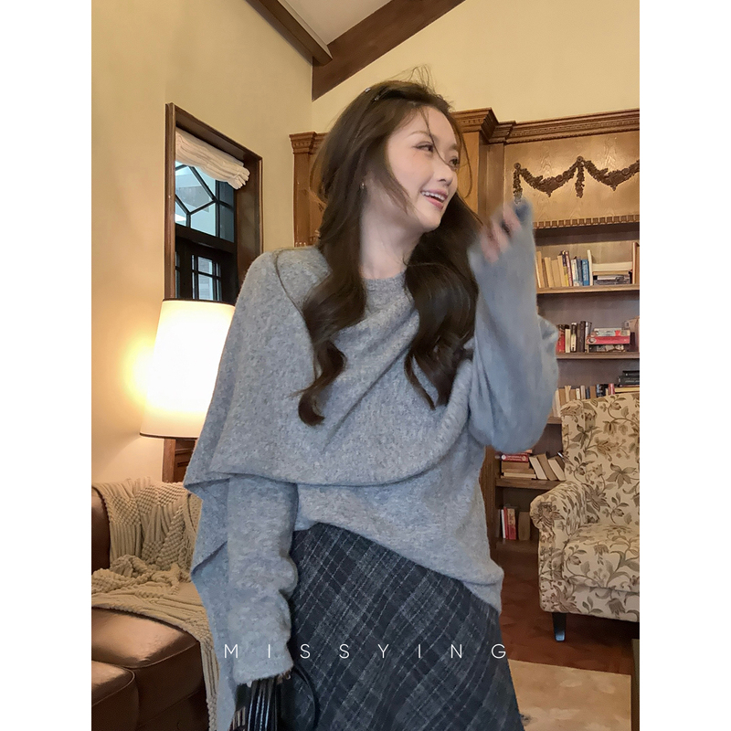 Miss Ying's Plus-Size Women's Clothing [Munich Time Zone] Fake Two-Piece Knit Sweater, New Autumn Style, Slimming Cape Shawl Top