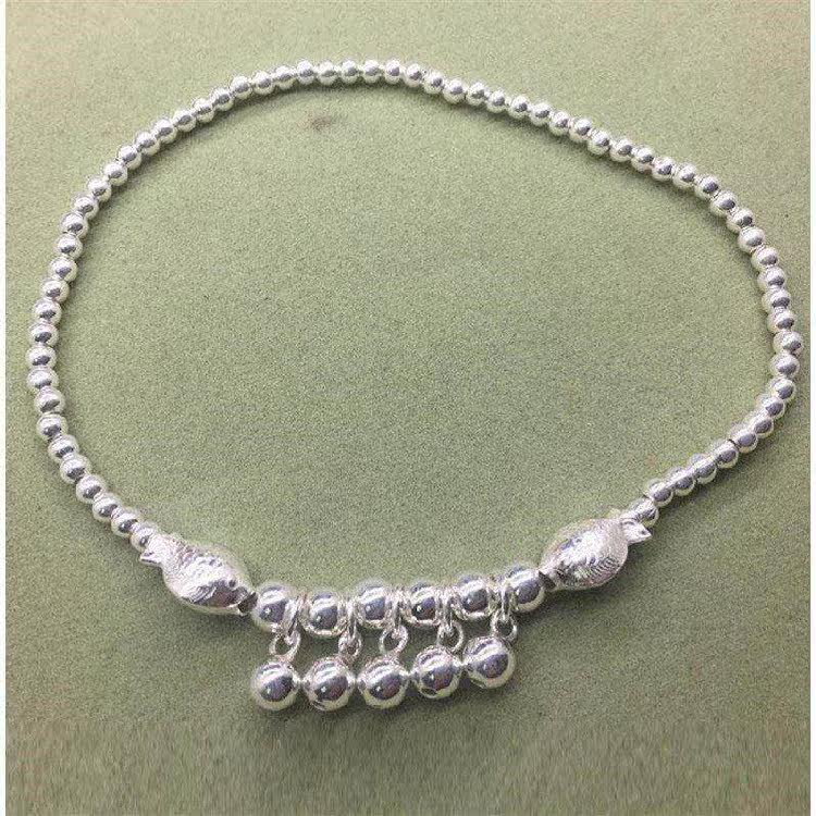 Silver foot hammer 999 female kissing mouth fish Mori system round ball foot chain bell lengthened personality bracelet silver hand