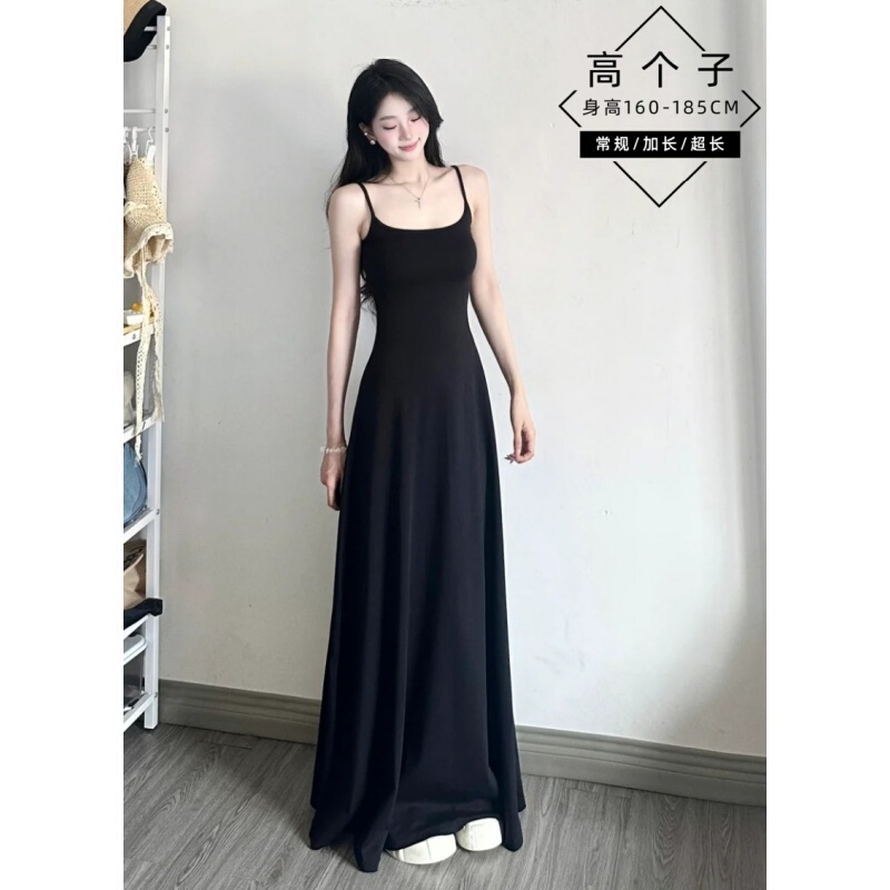 Extended Version 175 Tall Women's French-Style Elastic Waist-Cinching Spaghetti Strap Dress, Summer Pure and Slimming Sleeveless Long Dress
