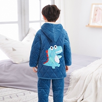 Childrens pajamas winter thickened models can be worn outside Boys plus velvet padded flannel foreign boy net home clothes