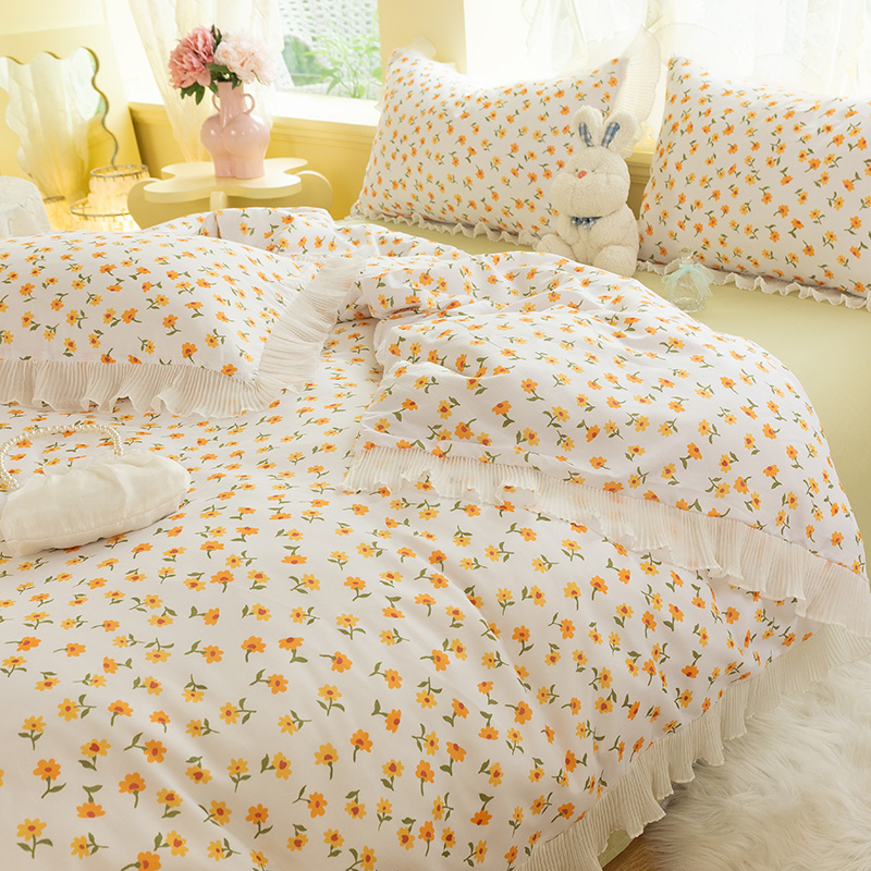 Net red ins wind lotus leaf edge floral lace princess wind bed four-piece retro pastoral bedding quilt cover sheet