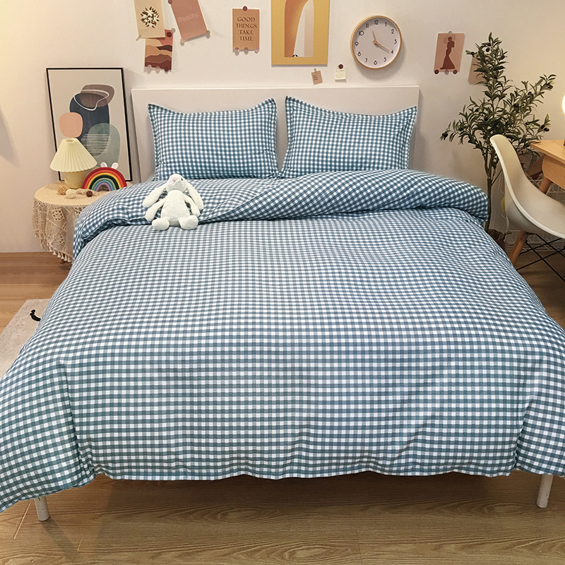 Nordic ins washed cotton simple bed four-piece plaid quilt cover single student dormitory three-piece summer