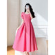 2023 summer new women's clothing French style retro puff sleeves square collar temperament celebrity waist slimming dress long skirt