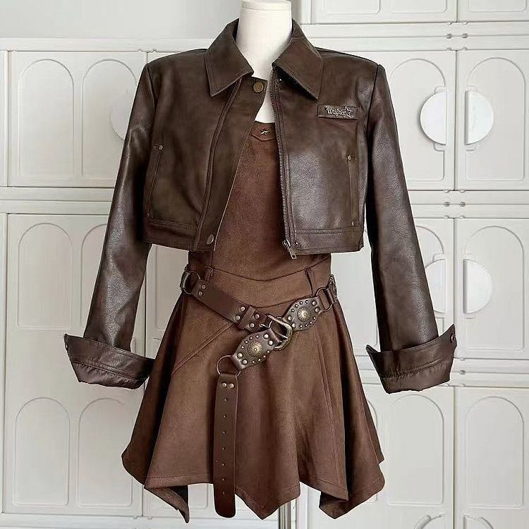 Wasteland Style Western Cowboy Outfit Hot Girl Lace-Up Suspender Dress Women 2025 Melard Leather Jacket Suit Wasteland Style Western Cowboy Outfit Hot Girl Lace-Up Suspender Dress Women 2025 Melard Leather Jacket Suit