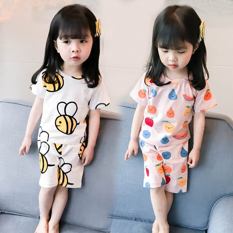 Girls home clothes summer short-sleeved suit pure cotton children's pajamas summer clothes air-conditioning clothes thin section baby children parent-child