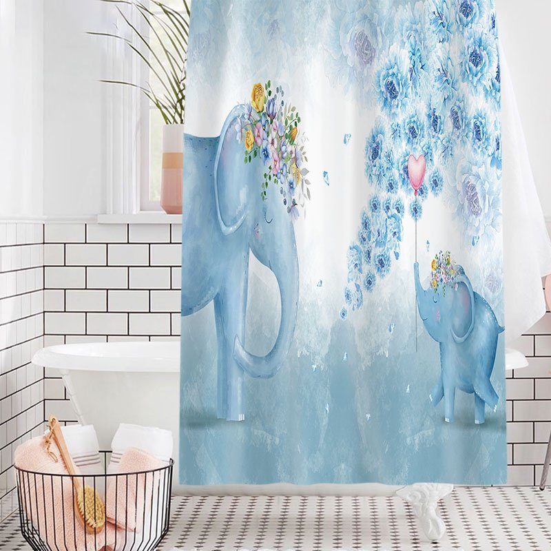 Shower curtain cartoon blue elephant bathroom partition curtain bathroom curtain set free punching waterproof and mildew-proof curtain cloth