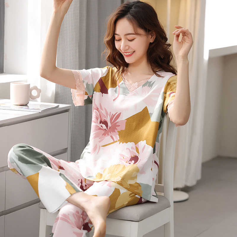 Pajamas women's summer modal short-sleeved trousers thin section summer mother's style ice silk home service large size half-sleeved suit