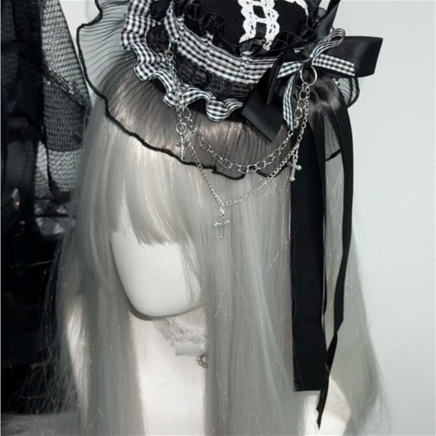 Lolita headwear, original and handmade, subculture, dark gothic, black and white checkered chain lace top hat hair clip hair accessory