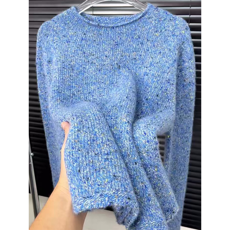 Must-Have Item, Buy Without Thinking Twice~ Blue Floral Yarn Rolled-Edge Round-Neck Knit Sweater for Women, 2026 Autumn/Winter, Elegant and Slimming, Soft and Cozy Sweater