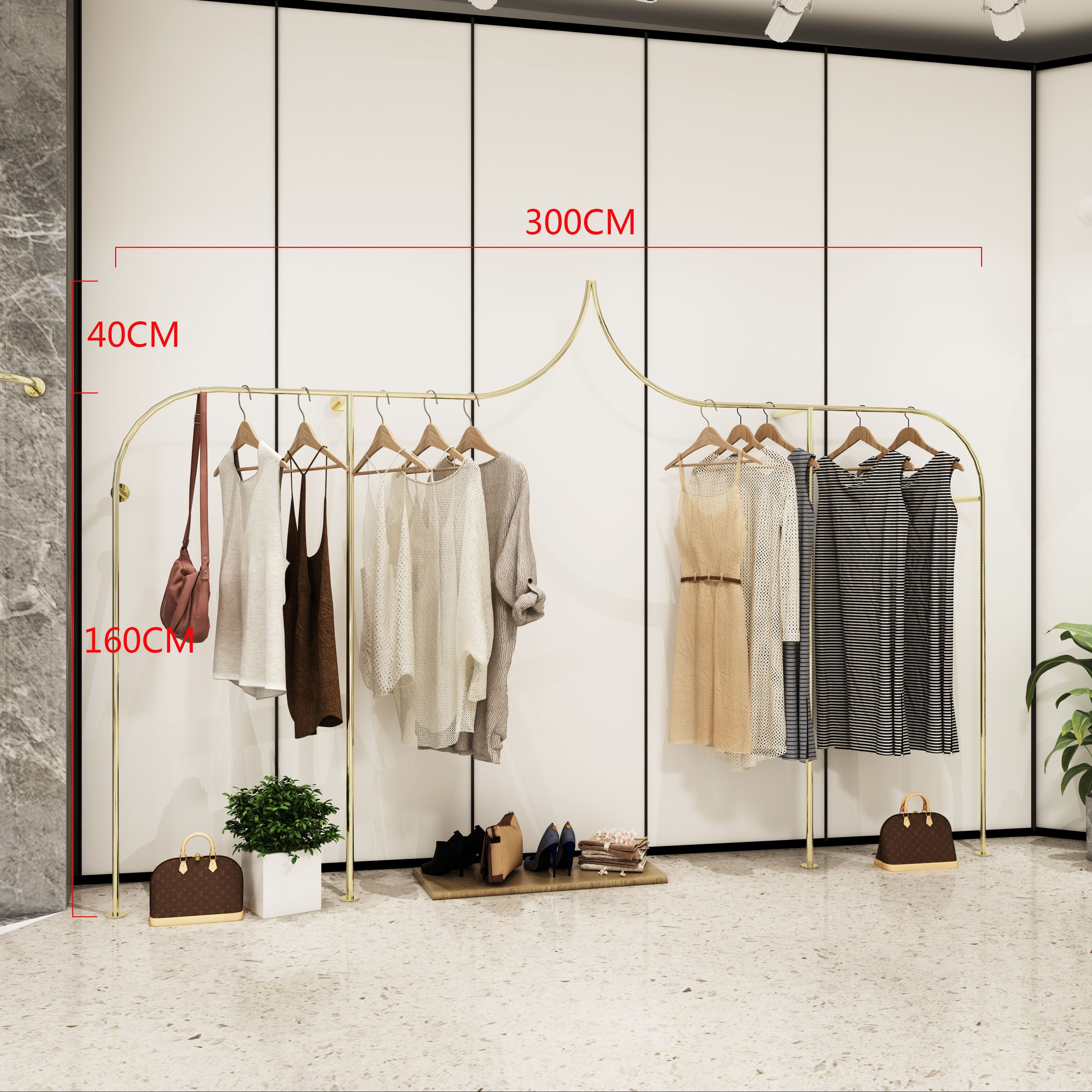 Clothing store hanger display rack floor-to-ceiling gold minimalist men's and women's clothing store combination shelf display clothes rail