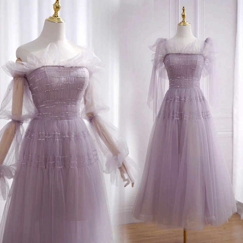 Purple long evening dress, open shoulders, lifting effect, mid-length