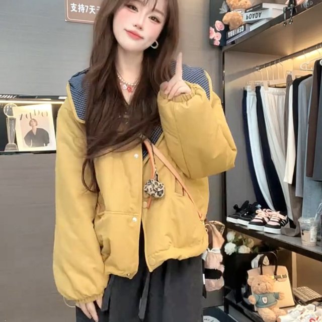 New high-end autumn and winter fashionable hooded quilted contrasting color cotton coat for small women, loose and versatile cotton coat