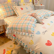 Girls Senior Four Piece Cotton Bed Skirt 100 Cotton Bed High-grade Girls Princess Wind Warm and Cute in Winter