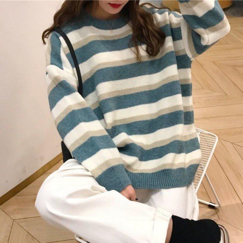 2019 new Korean version of autumn Winter tennis net red schoolgirl sweaters Coloured stripes Lazy Wind 100 hitch-knitted sweatshirt