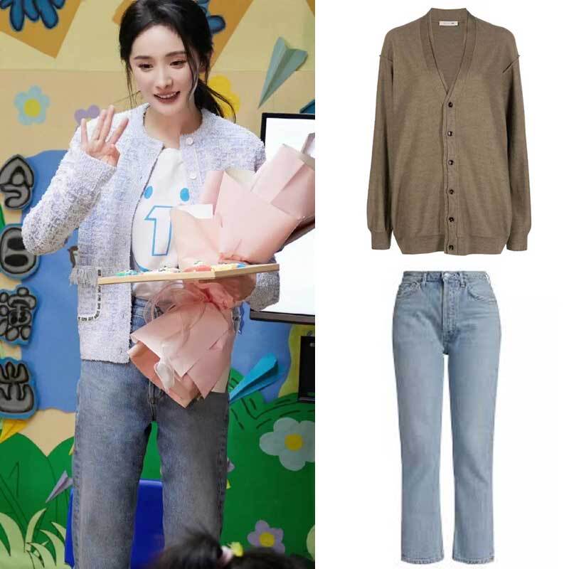 A Set of Well-Fitting Lemaire Wool Knit Cardigan and Agolde Washed Denim Pants Early Spring Outfit