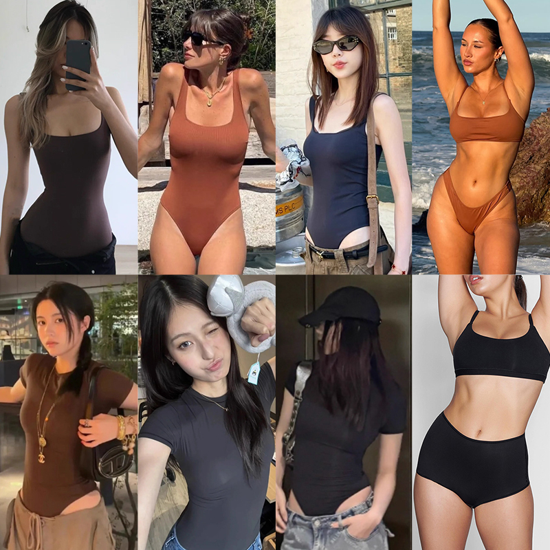 Waist-Slimming Skims Fits Everybody Kardashian Solid Color Short-Sleeve Tank Top Tight-Fitting Shapewear Bodysuit