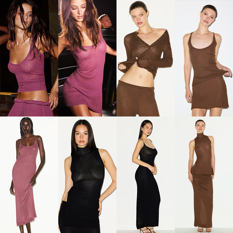 The Design Is Amazing. Skims Kardashian Sheer Knit Knit Camisole Long Skirt, Short Skirt, Henley Shirt, Pants Set