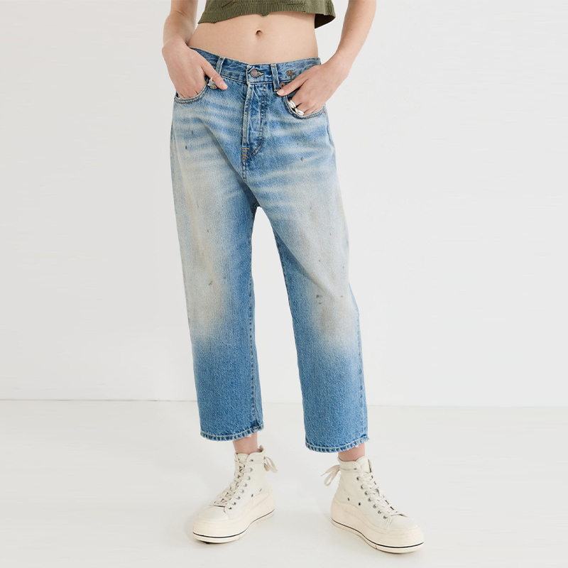 Hot-Selling Discontinued Model R13 Spring/Summer Heavyweight Denim Fabric Mid-Low Waist Straight-Leg Cropped Splatter-Ink Distressed Jeans