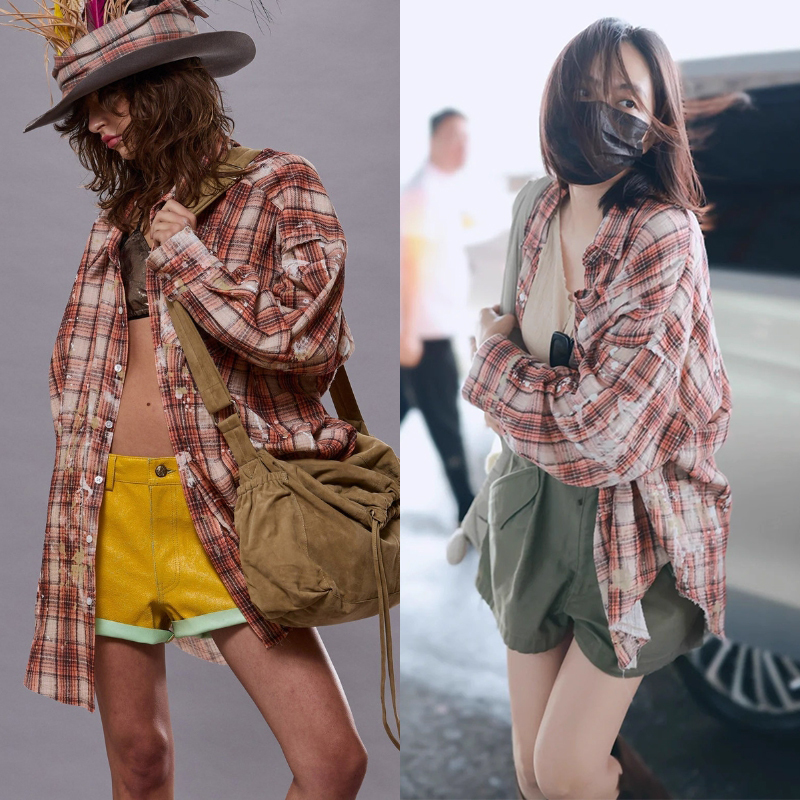 Craftsmanship Ceiling: Shu Qi and Zheng Xi Yi's Same Style @13 Splash-Ink Artistic Cotton Gauze Plaid Brushed Shirt