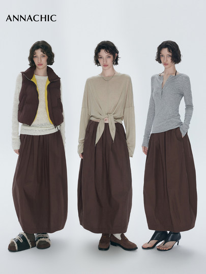 ANNACHIC遮肉神裙_白色立体花苞半身裙女_松紧腰褶皱空气感半裙