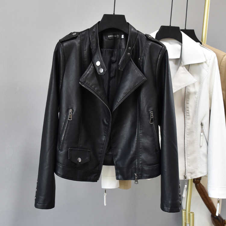 South Korea Spring Autumn New Sheep Leather Clothing Women's Collar Foreign Pie Collection Waist Short Black Leather Locomotive Leather Jacket Jacket