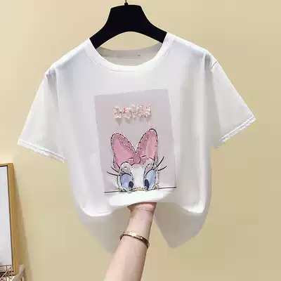 South Korea summer new heavy industry foreign style T-shirt women short sleeve loose thin belly cover belly age reduction heart age machine niche shirt ins