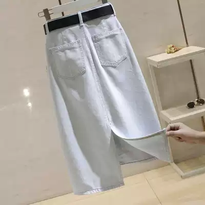 South Korea summer new light blue medium and long denim skirt high waist slim split A- shaped bag hip skirt ins tide