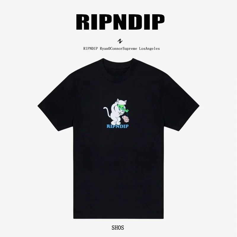 Американский модный бренд RIPNDIP кошка-сука инопланетный голова кошачий уличный хлопковый футболка с круглым вырезом и короткими рукавами повседневная и универсальная