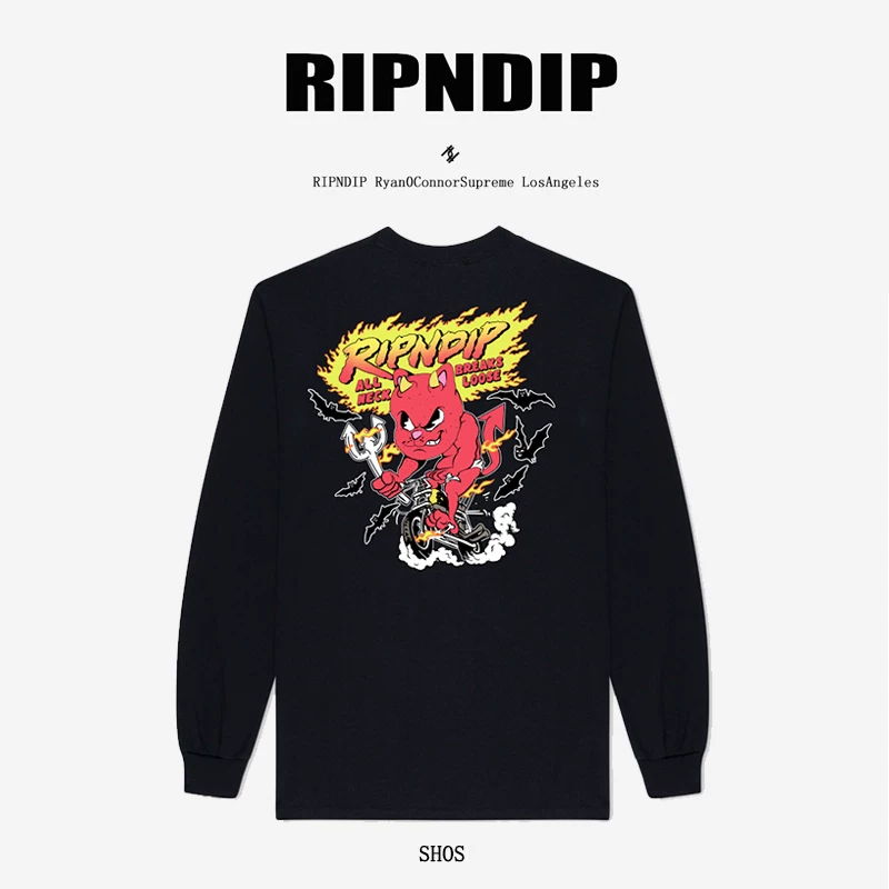 RIPNDIP сука дьявол летучая мышь кот стиль уличной моды длинный рукав футболка мужская черная свободная универсальная модная верхняя вещь