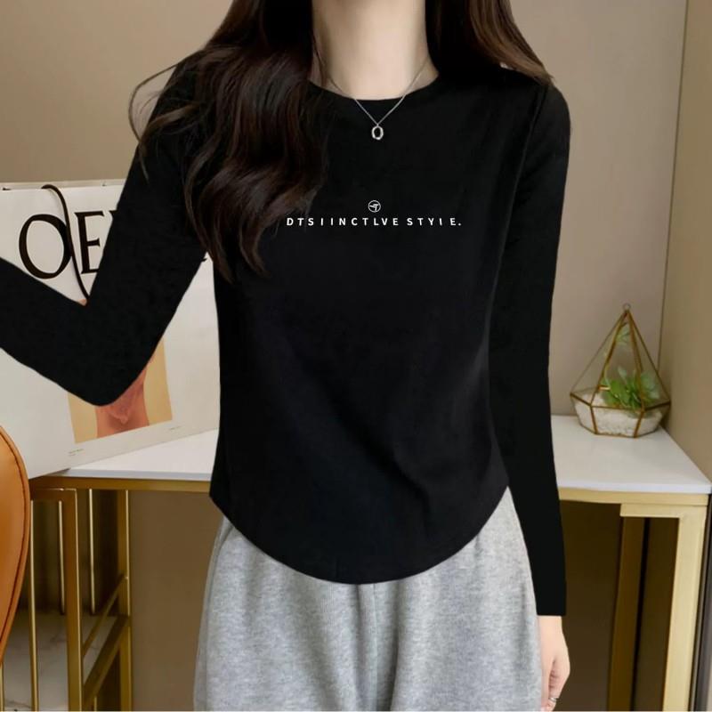 Pure Cotton Black Long-Sleeved T-Shirt for Women 2026 Autum New Slim Fit Design Hem Arc Top Bottoming Shirt