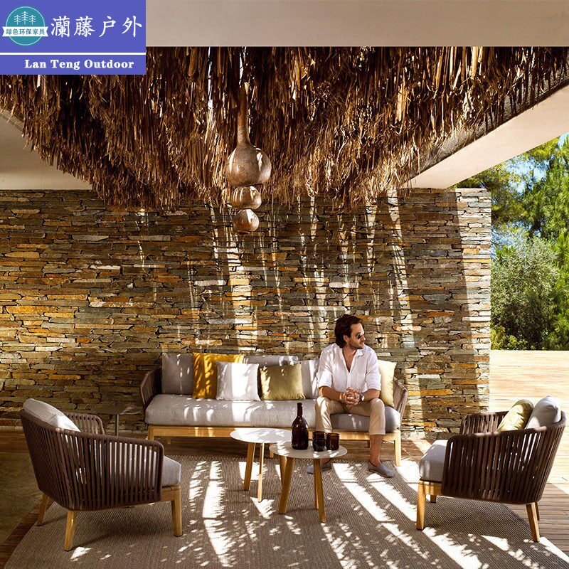 Outdoor solid wood sofa balcony garden courtyard leisure rattan waterproof sunscreen villa sample house display center model house combination