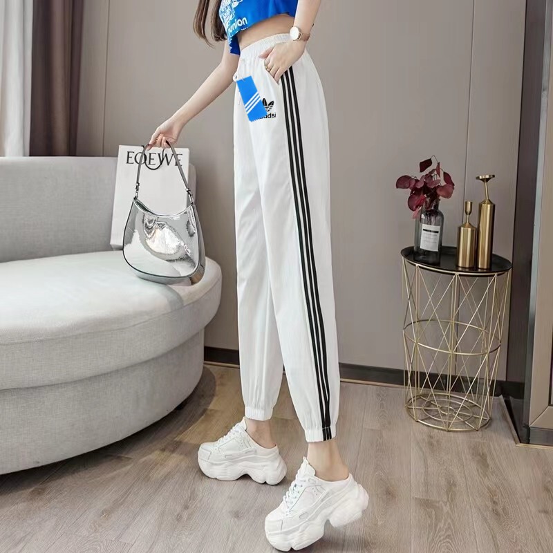 Outlet Summer Ice Silk Quick-Drying Sports Pants for Women, Loose-Fitting, High-Waisted, Slimming Look, Three-Stripes, Nine-Point Pants, Trendy