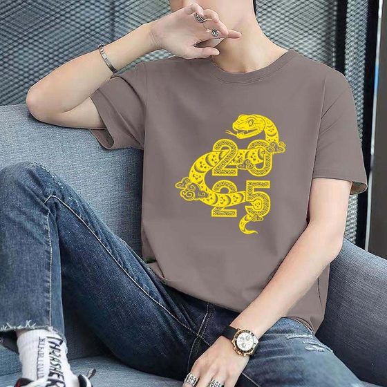 
2025 new men's short-sleeved T-shirt trendy handsome inner bottom shirt men's fashionable printed thin round neck shirt
