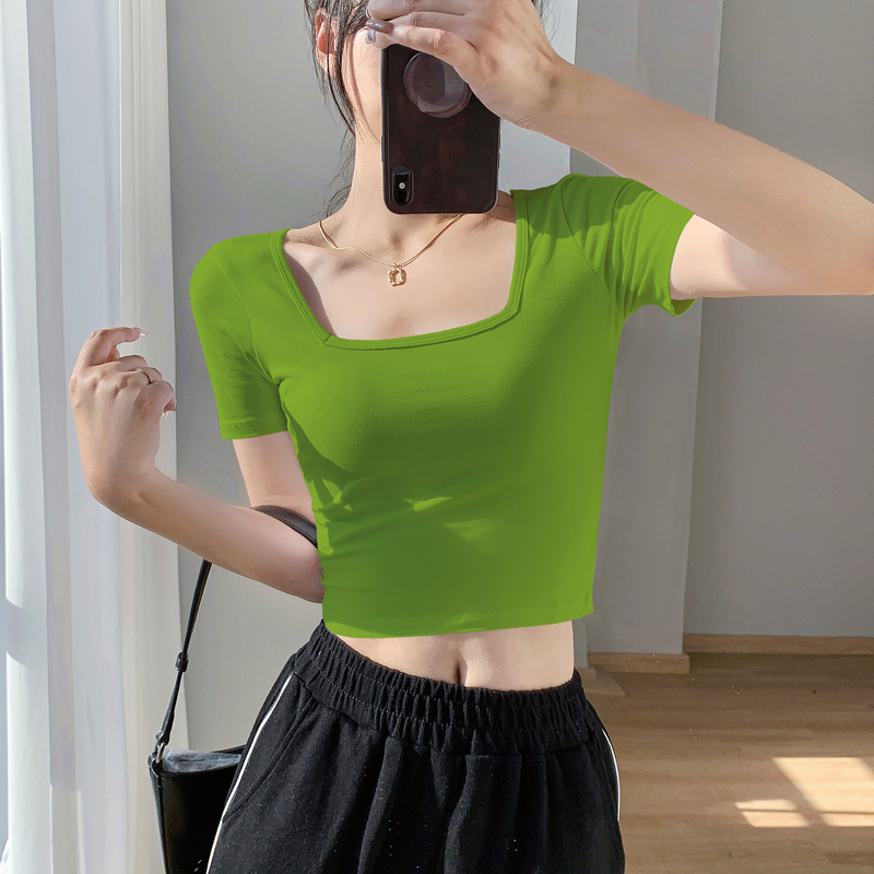 Avocado Green Square-Neck Short-Sleeved T-Shirt for Women, Summer Sweet Crop Top, New Style, Super Nice High-Waisted Short-Sleeved Top