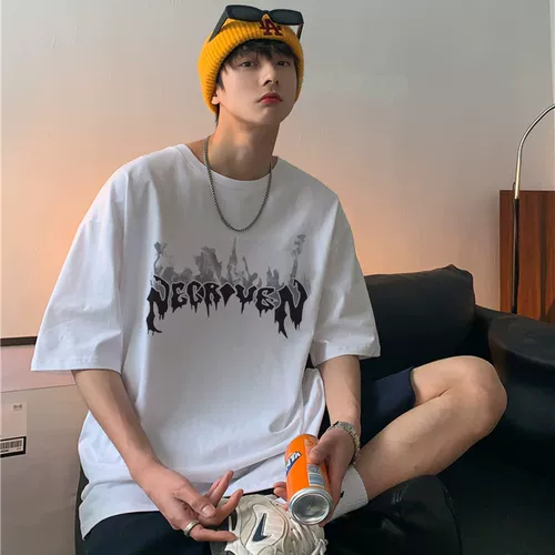 Брендовая хлопковая мужская трендовая универсальная футболка с коротким рукавом для школьников, оверсайз