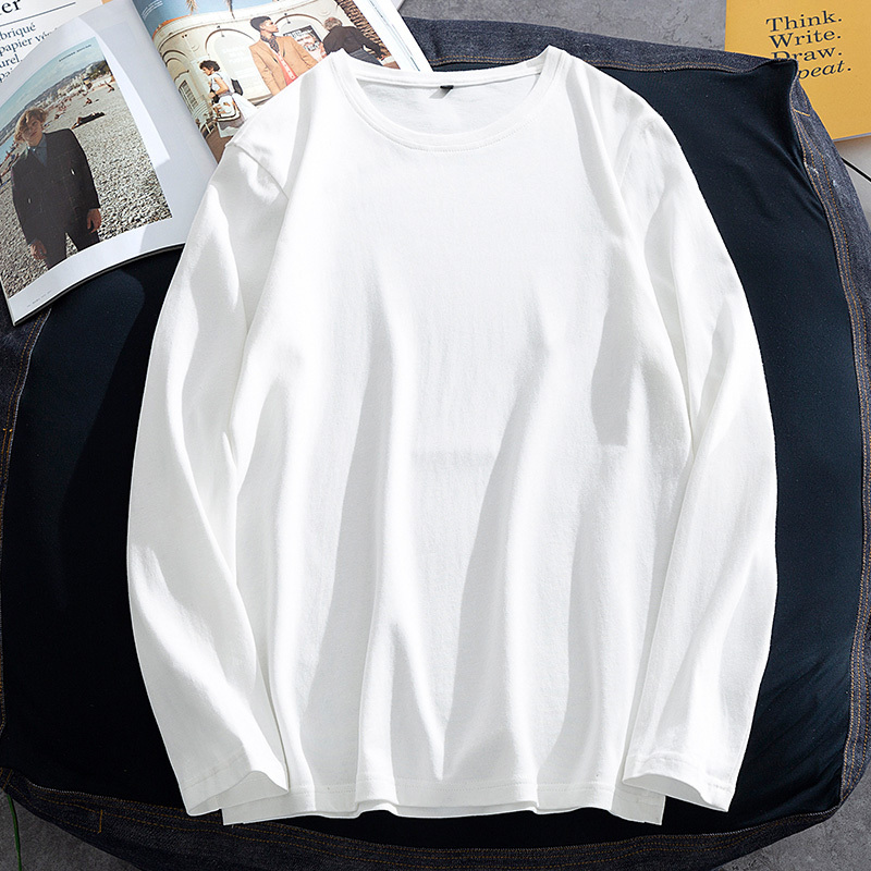 Long-Sleeved White T-Shirt for Men, Round Neck, Inner Layer, ins Trendy Brand, Youth Loose Fit, Large Size, Trendy Solid Color Base Shirt Top