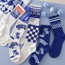 Klein blue socks winter net red socks in cylinder womens blue socks pure color electro-optic blue long sports winter tide color