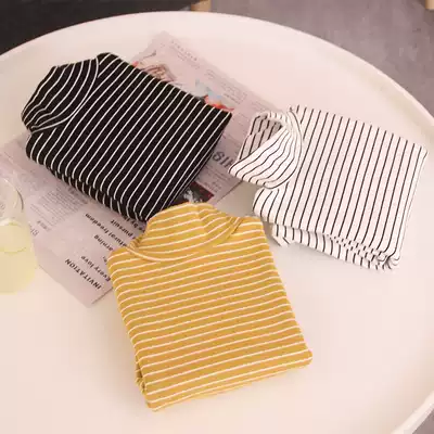 Autumn and winter big children plus velvet thick turtleneck long-sleeved children's striped inner clothes pure cotton boys and girls half turtleneck underwear