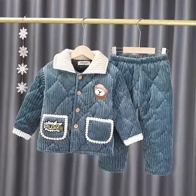 Autumn and winter coral velvet girl three-layer cotton thickened boy baby flannel cotton pajamas set home clothes