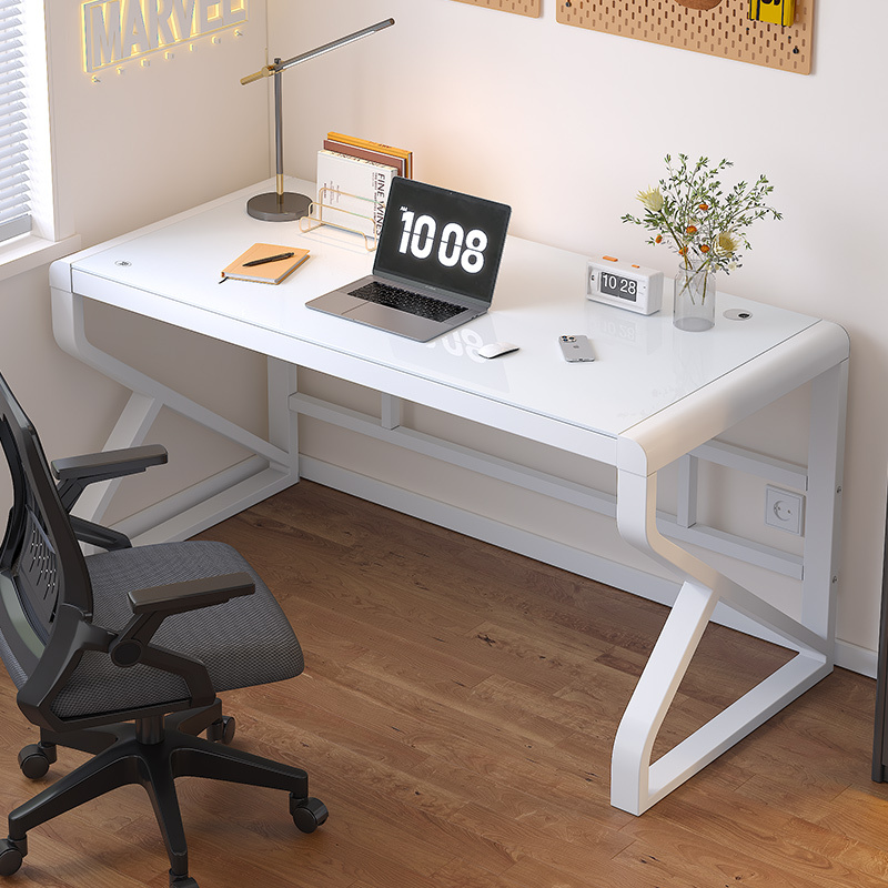 Household Iron Art Computer Desk, Simple Design for Adults and Children, Universal Writing and Office Desk, Tempered Glass Gaming Desk, Study Desk
